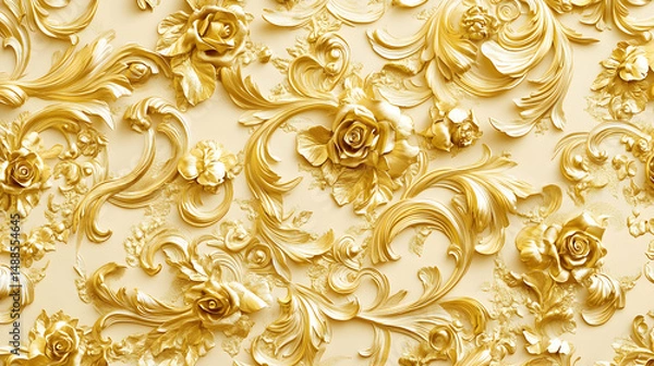 Fototapeta Elegant Golden Floral Relief Pattern with Swirls and Curves