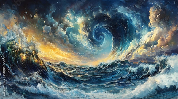 Fototapeta Vortex in Ocean Waves Beneath Dramatic Sky with Colorful Clouds