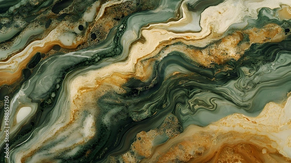 Fototapeta Abstract Green and Gold Swirls in Marble Texture Design