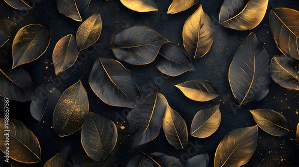 Fototapeta Golden Leaves on Dark Background for Elegant Design and Decoration