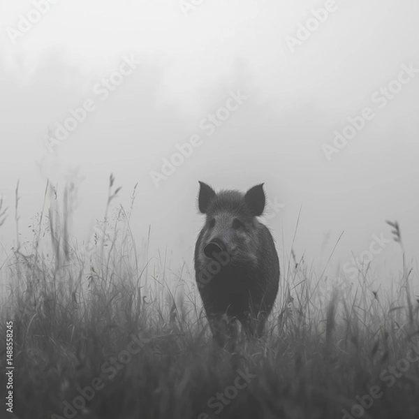 Obraz Wild boar standing in tall grass surrounded by thick morning fog
