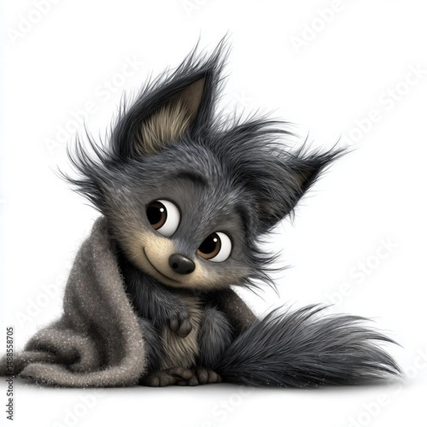 Obraz Cartoon wolf wrapped in cozy blanket with sweet shy expression
