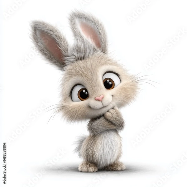 Obraz Cartoon bunny with big eyes and fluffy fur standing on white floor
