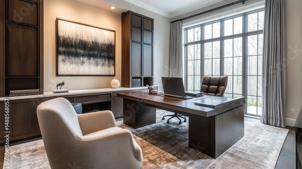 Fototapeta contemporary home office featuring a sleek desk, comfortable seating, and personal decor, creating a welcoming space for productive work-from-home days