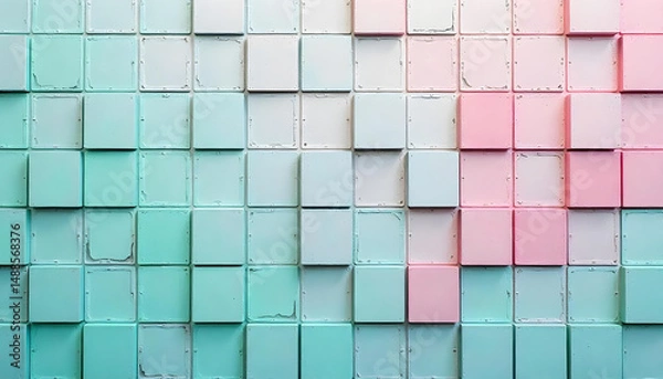 Obraz Colorful retro mosaic background with pixel-style square tiles in pastel pink, mint green, and faded blue