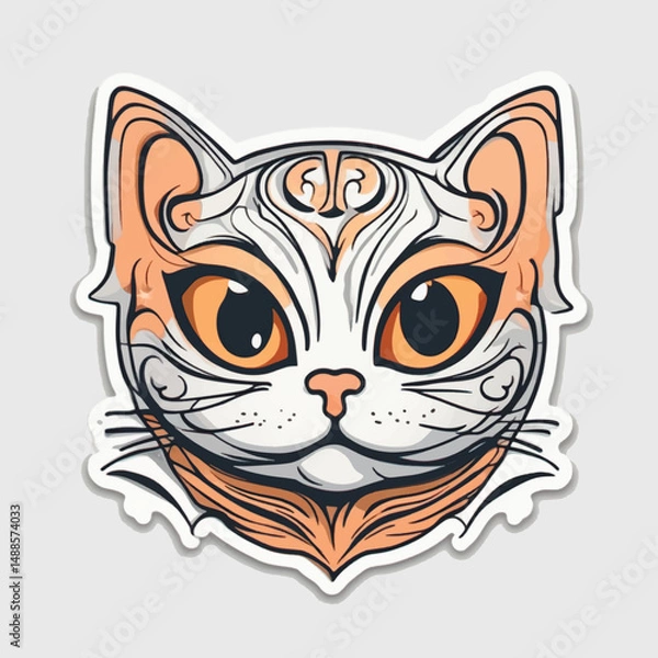 Obraz Decorative cartoon cat head sticker illustration with big amber eyes and intricate ornamental lines. Symmetrical stylized feline face on light background, ideal for stickers or prints.