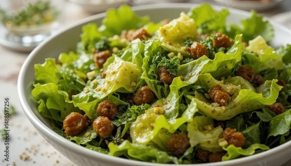 Fototapeta A close up of a bowl of fresh salad with lettuce and small brown balls in a white ceramic bowl