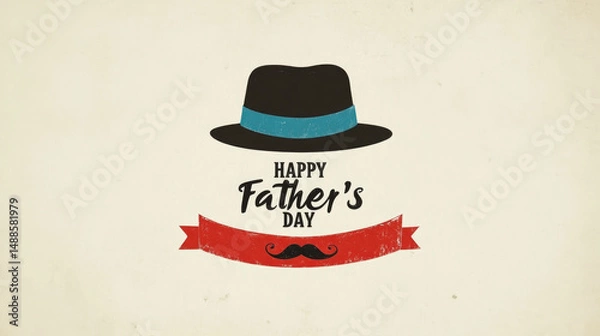 Obraz Father's Day Minimalist Graphic Design, Beige Background with Black Hat and Blue Band, Red Ribbon Banner with Mustache, Handwritten and Block Letter Text, Corporate Event Decoration