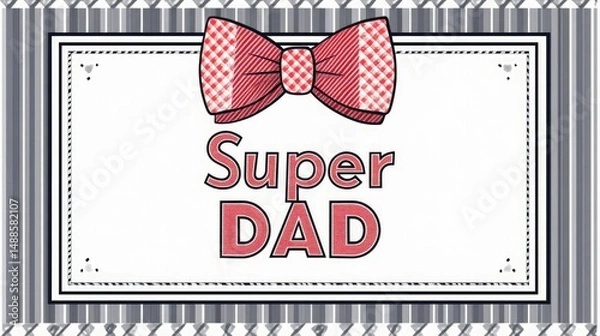 Obraz Father's Day Fun Graphic Design, White Background with Grey Black Striped Border, Red White Polka Dot Bow Tie and Super Dad Text, Modern Minimalist Style, Holiday Card Template, Social Media Graphic