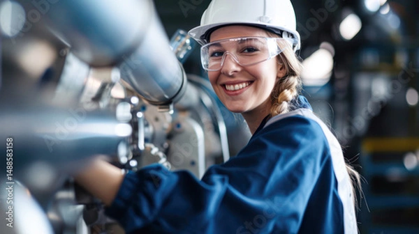 Fototapeta A smiling female engineer wearing safety gear works with industrial equipment in a factory setting.