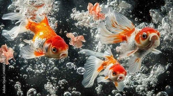 Fototapeta A close-up view of colorful fancy goldfish swimming.