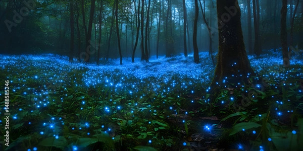 Fototapeta Enchanted Forest with Glowing Blue Flowers and Misty Atmosphere