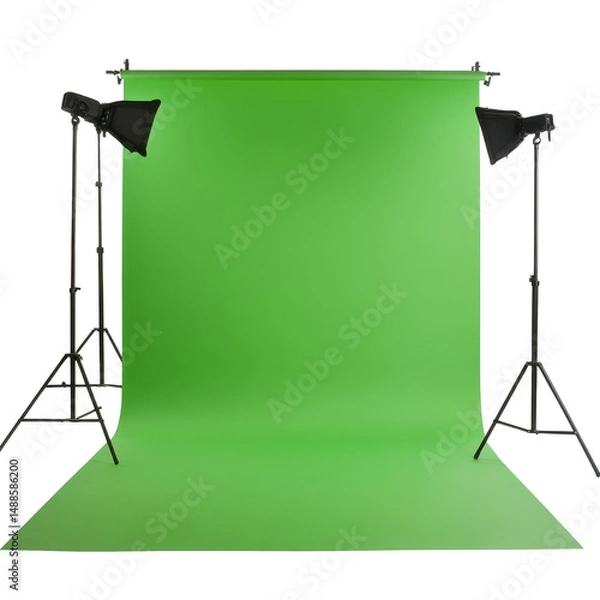 Fototapeta Professional green screen setup with studio lights for video production and photography, Green screen isolated on white background Chroma key, white background
