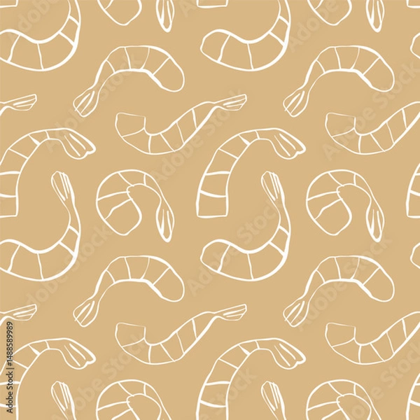 Fototapeta Seamless pattern with white hand-drawn shrimps on sand yellow background in one line without shadows for surface design