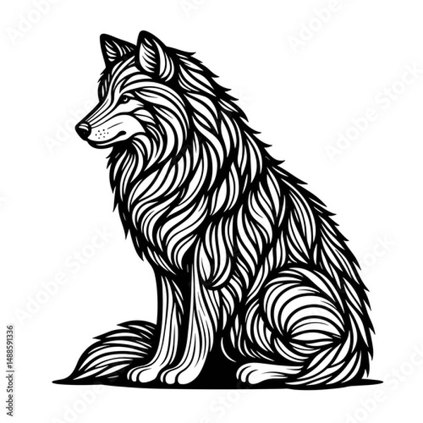 Fototapeta Detailed illustration of a wolf sitting in a side profile view  