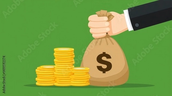 Fototapeta Hand holding a money bag with dollar sign and gold coins