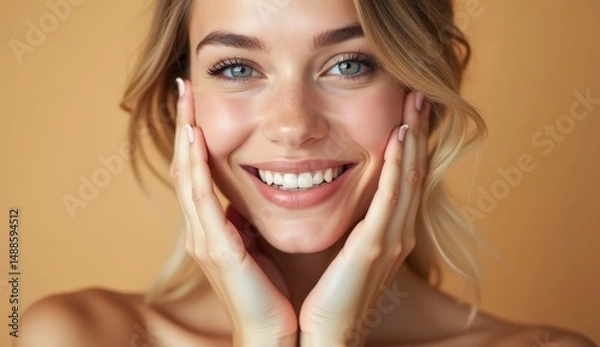 Fototapeta Young woman with glowing healthy skin holds hands on face in contemplative pose, showcasing natural beauty and radiant complexion with soft lighting and neutral background