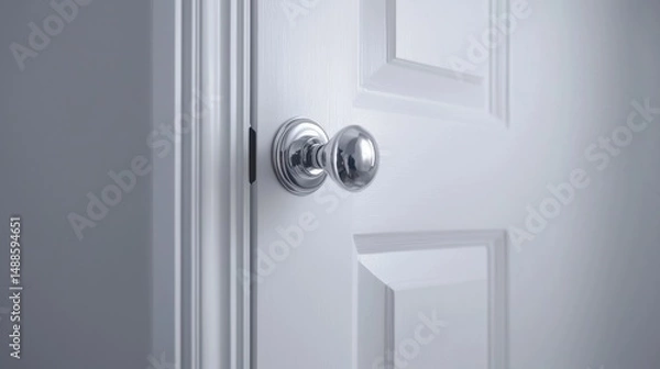 Fototapeta A white door with a silver handle.