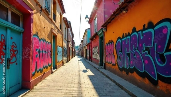 Obraz Sunlit alley, vibrant graffiti, colorful buildings, artwork, optimistic