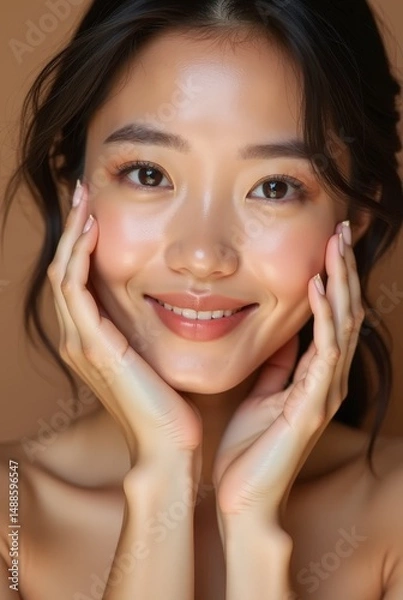 Fototapeta Young woman with glowing healthy skin holds hands on face in contemplative pose, showcasing natural beauty and radiant complexion with soft lighting and neutral background