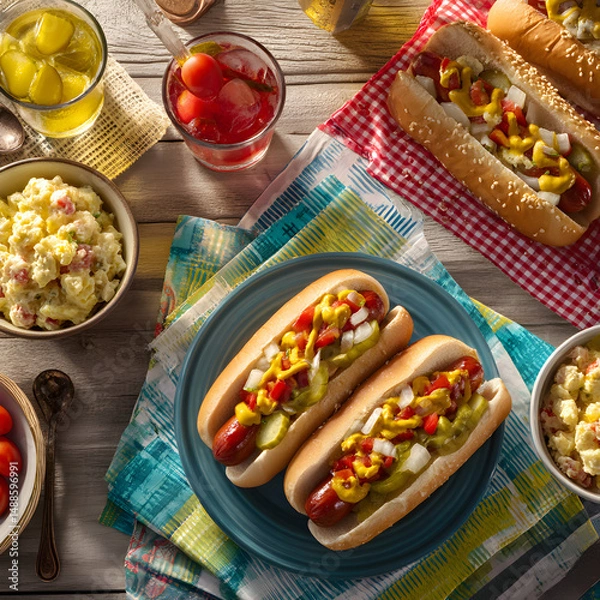 Obraz Overhead View of Picnic Feast with Hot Dogs Potato Salad and Drinks