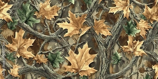Obraz Camo Pattern with Oak Leaves and Branches