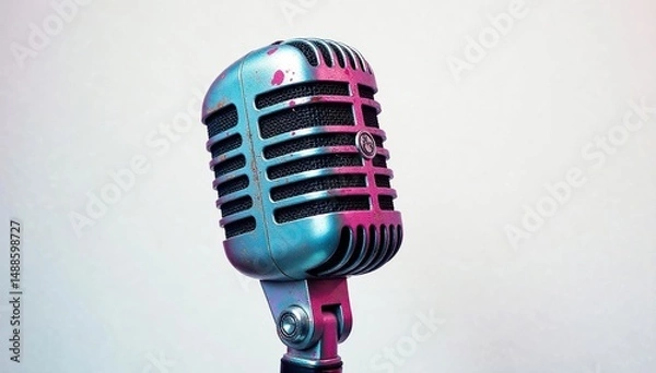 Obraz Close-up shot of a single graffitied microphone on white , graphic, instrument, style