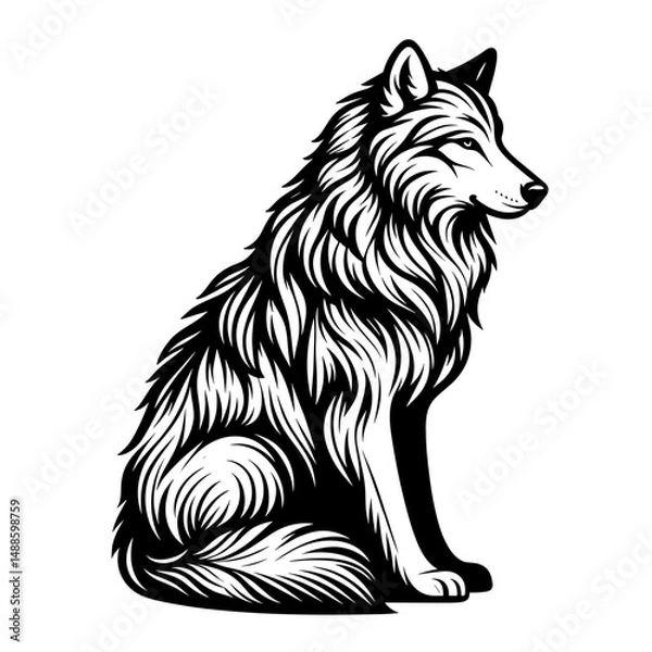 Fototapeta Detailed illustration of a sitting wolf with long fur in profile  