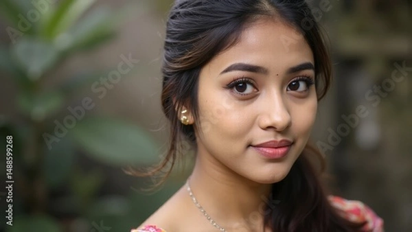 Fototapeta Young asian woman with glowing healthy skin holds hands on face in contemplative pose, showcasing natural beauty and radiant complexion with soft lighting and neutral background