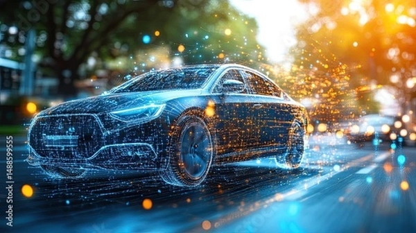 Obraz Digital rendering of a sleek futuristic car driving on a road with abstract light effects around it