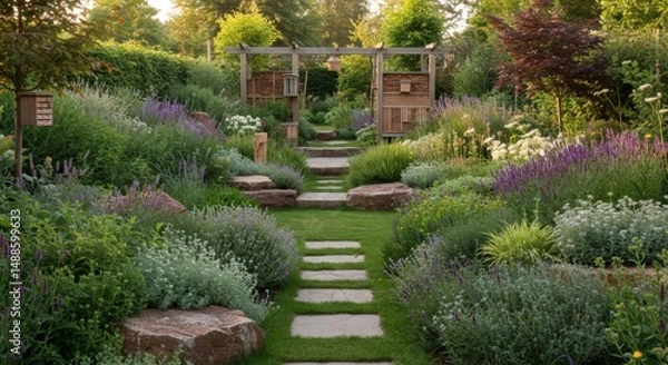Obraz Serene Garden Landscape Design: A Picturesque Pathway Through Blooming Lavender and Lush Greenery