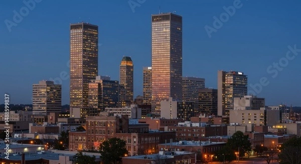 Fototapeta Tulsa Cityscape at Dusk - Stunning view of Tulsa's skyline at sunset, showcasing its modern skyscrapers and historic architecture