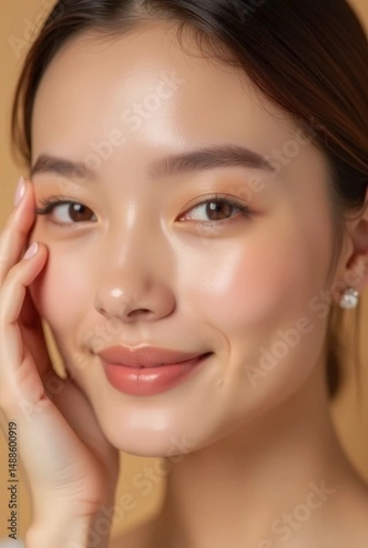 Fototapeta Young asian woman with glowing healthy skin holds hands on face in contemplative pose, showcasing natural beauty and radiant complexion with soft lighting and neutral background