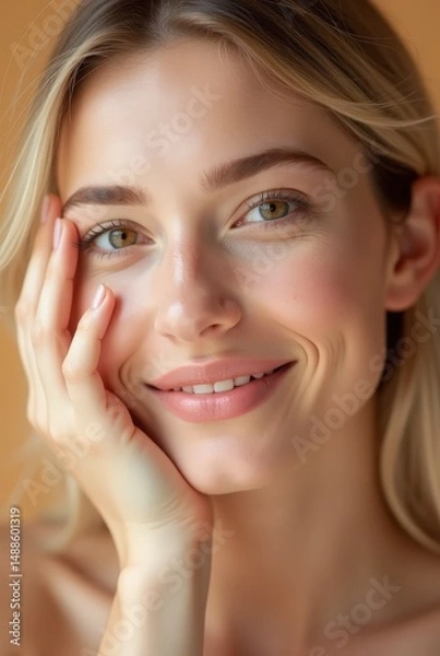 Fototapeta Young woman with glowing healthy skin holds hands on face in contemplative pose, showcasing natural beauty and radiant complexion with soft lighting and neutral background