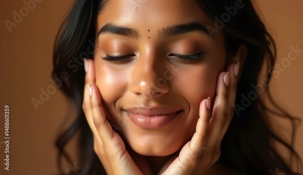 Fototapeta Young Indian woman with glowing healthy skin holds hands on face in contemplative pose, showcasing natural beauty and radiant complexion with soft lighting and neutral background