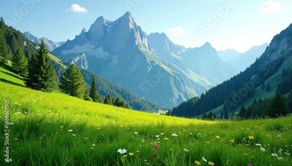 Obraz Green meadow nestled in towering mountain range, sunlight dappled grass, contrast, light, rural