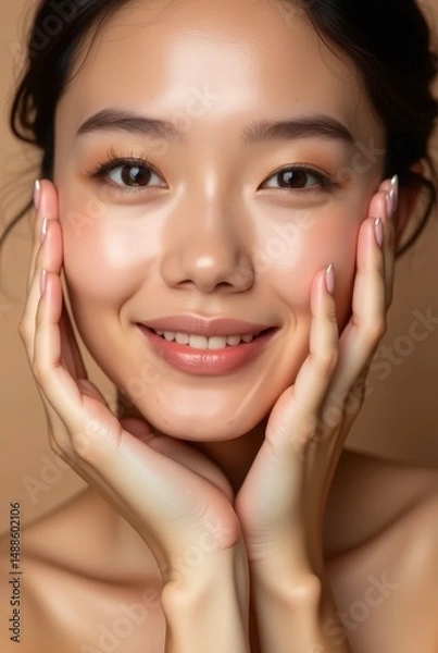 Fototapeta Young asian woman with glowing healthy skin holds hands on face in contemplative pose, showcasing natural beauty and radiant complexion with soft lighting and neutral background