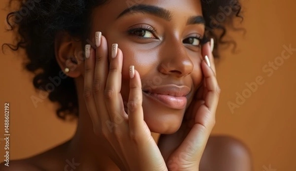 Fototapeta Young african woman with glowing healthy skin holds hands on face in contemplative pose, showcasing natural beauty and radiant complexion with soft lighting and neutral background