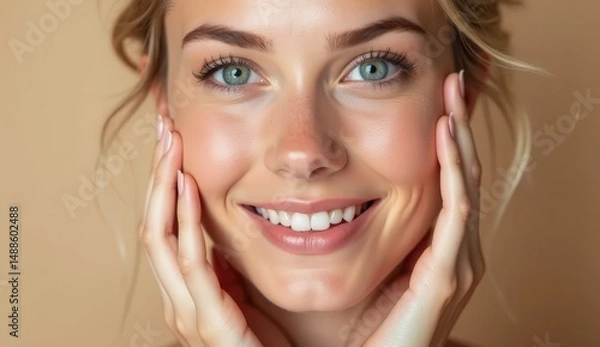 Fototapeta Young woman with glowing healthy skin holds hands on face in contemplative pose, showcasing natural beauty and radiant complexion with soft lighting and neutral background
