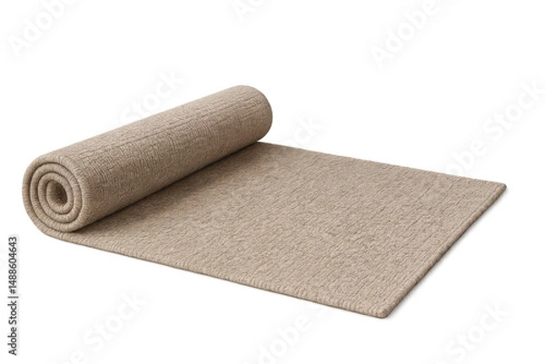 Fototapeta Rolled beige carpet revealing plush texture, neutral flooring material with transparent backdrop, showcasing soft interior design element