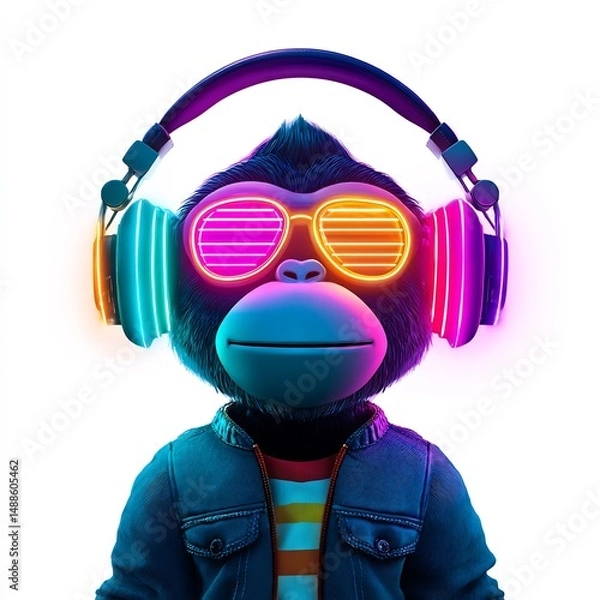 Fototapeta Monkey DJ with colorful headphones and neon eyes, subject on a solid pure white background, Dark Outlined, no shadows, no texture