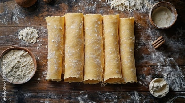 Obraz Overhead view of uncooked cannelloni pasta tubes with flour on a rustic wooden surface ready to be filled