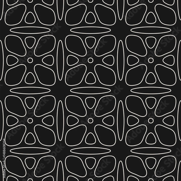 Fototapeta Subtle minimal seamless pattern. Stylish black and white outline vector geometric floral ornament. Abstract background texture with flower silhouettes, leaves, thin lines. Repeating dark linear design