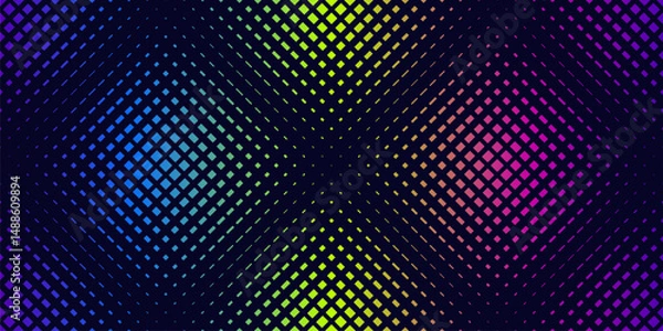Fototapeta Vector seamless pattern with halftone effect. Abstract geometric background with fading lines, grid, lattice. Funky sport texture. Trendy sporty pattern. Dynamic creative design. Neon rainbow gradient