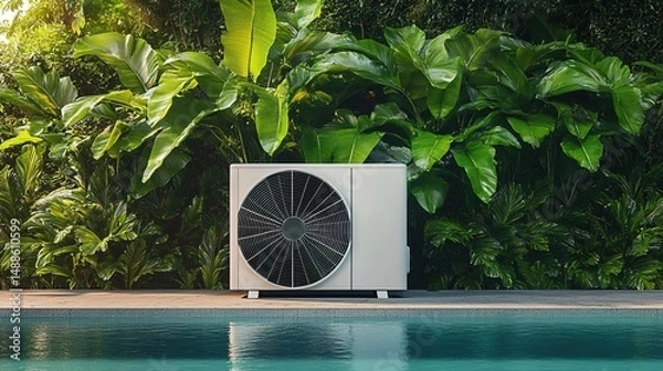 Fototapeta Heat Pump by the Poolside Surrounded by Tropical Plants