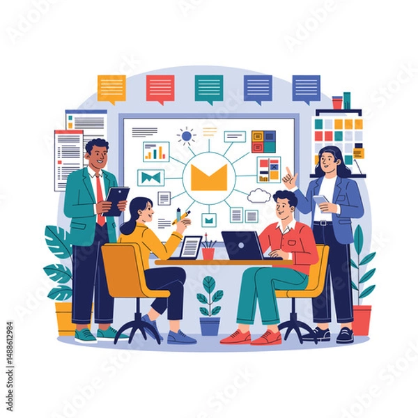 Fototapeta Sleek Flat Vector Illustrations Combining Technology, Business, and Nature Elements