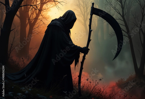 Fototapeta death with a scythe in the woods at dawn