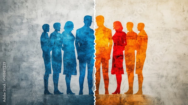 Fototapeta A visual metaphor for division within a group, showing people split into two factions representing conflict or merger scenarios