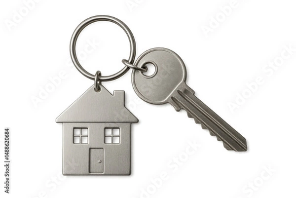 Fototapeta Silver metal house keychain with key isolated on transparent background, representing real estate and home ownership