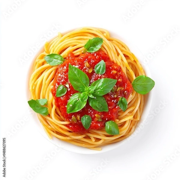 Fototapeta spaghetti with tomato sauce and basil on white bg